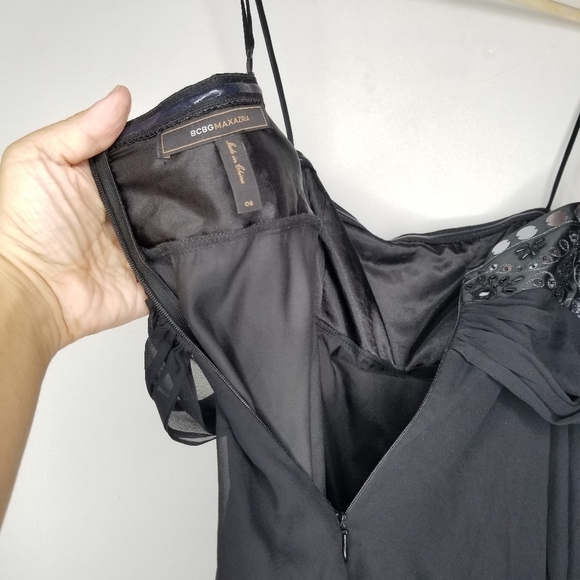BCBGMaxAzria Silk Dress‎ Mini Chiffon Bead Sequins Cocktail Little Black Women 6 - Picture 10 of 14